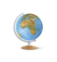 Globen Relief-Leuchtglobus, Holzfuß Buche klarlackiert und silberfarbener Metallmeridian (FRI 3017) Räthgloben 1917